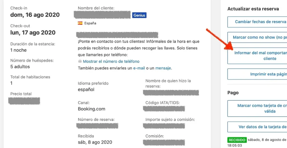 Opción para informar del mal comportamiento del cliente en Booking.com