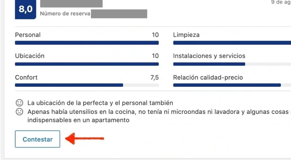 Ejemplo de respuesta a comentario en la extranet de Booking.com