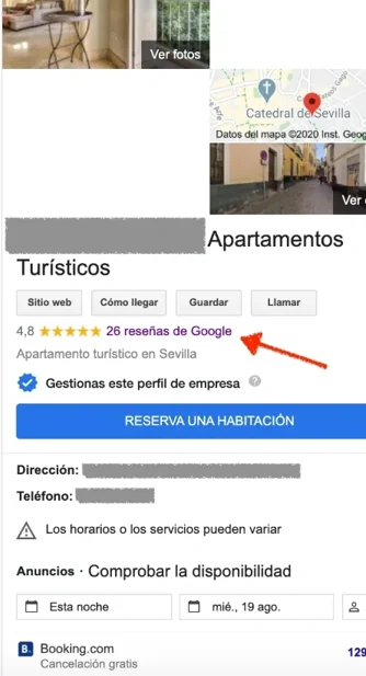 Ficha de Google My Business mostrando puntuación del alojamiento
