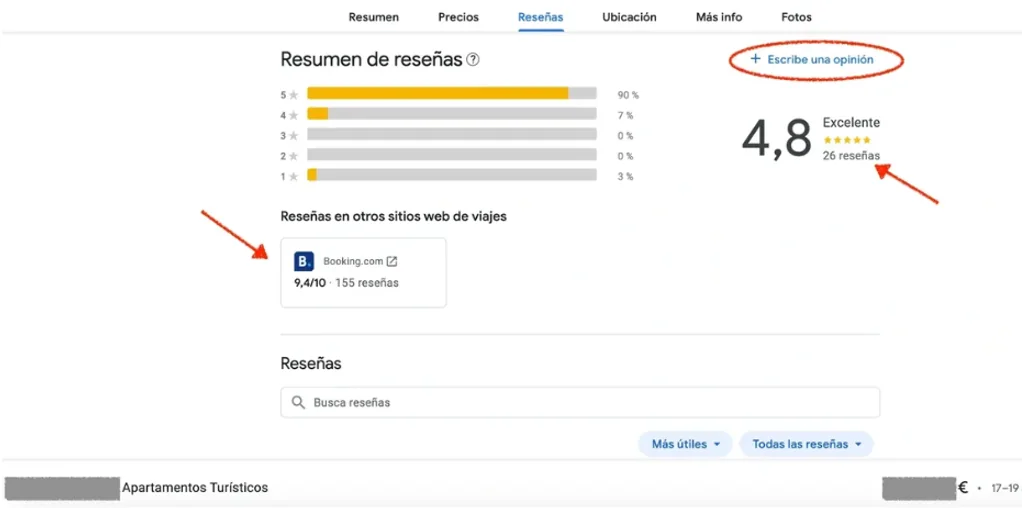 Resumen de reseñas en Google con puntuación 4.8 y comparativa con Booking